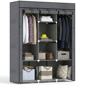 Armario de tela plegable portátil con 2 barras y 8 estantes, 125x43x162,5 cm, gris oscuro