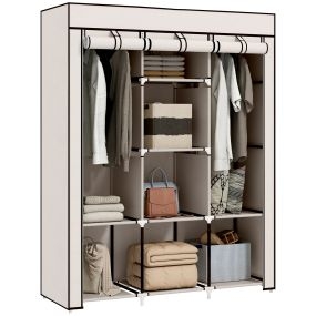 Armario de tela plegable portátil con 2 barras, 8 estantes, acero, 125x43x162,5 cm, crema