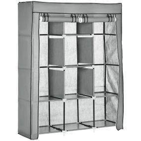 Armario de tela plegable portátil con 2 barras y 8 estantes, 125x43x162,5 cm, gris claro