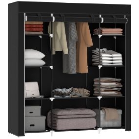 Armario de tela con barra, 10 estantes, cremallera, acero, negro, 150x43x162,5 cm
