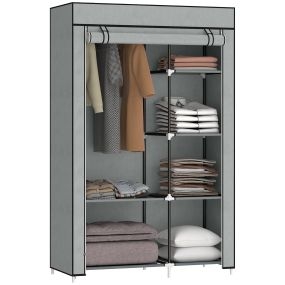 Armario de tela portátil con barra para colgar, 6 estantes, marco de acero, gris claro, 103x43x162,5 cm