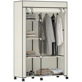 Armario de tela con ruedas, barra para colgar, 6 estantes, acero, 103x43x162,5 cm, crema
