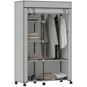 Armario de tela con ruedas, barra para colgar, 6 estantes, acero, 103x43x162,5 cm, gris claro
