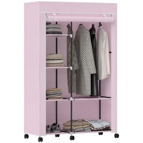 Armario de tela con ruedas, barra para colgar, 6 estantes, acero, 103x43x162,5 cm, rosa