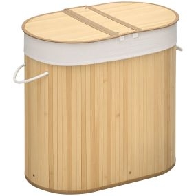 Cesto de ropa sucia de bambú con tapa, 100 L, 2 compartimentos, 62,5x37x60,5 cm, natural