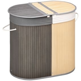 Cesto de ropa sucia de bambú con tapa, 100L, 2 compartimentos, gris y natural, 62,5x37x60,5 cm