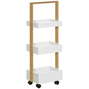 Carrito auxiliar de bambú con ruedas y 3 cestas 28x18x75 cm blanco y natural