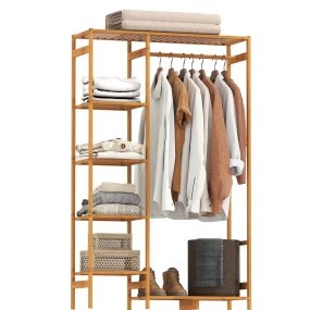 Perchero de Pie de Bambú Perchero para Ropa con Estante de Almacenamiento de 6 Niveles y Varilla Colgante para Salón Dormitorio Entrada 90x30x145 cm Natural