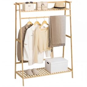 Perchero de pie de bambú con 2 estantes, 2 ganchos y barra colgante 114x40x139 cm natural