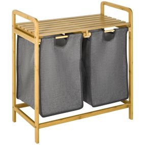 Cesto para ropa sucia de bambú con 2 bolsas extraíbles y estante gris oscuro 63,5x33x73 cm
