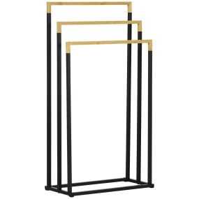 Toallero escalera de 3 niveles de pie de bambú y acero negro y natural 45x22,5x86 cm