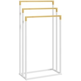 Toallero escalera de 3 niveles de pie con 3 barras de bambú y marco de acero 45x22,5x86 cm blanco y natural