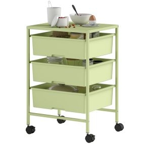 Carrito de almacenamiento de 4 niveles con ruedas, 3 cestas, tablero y marco de acero, verde