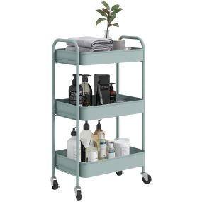 Carrito auxiliar con ruedas de 3 niveles y 3 cestas, 2 asas, 45x30,6x79 cm, azul claro