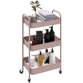 Carrito auxiliar con ruedas de 3 niveles, 3 cestas y 2 asas, 45x30,6x79 cm, rosa