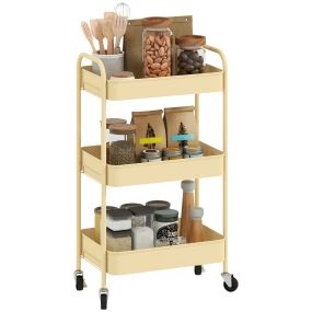 Carrito auxiliar con ruedas de 3 niveles y 3 cestas, 2 asas, 45x30,6x79 cm, amarillo