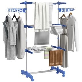 Tendedero vertical plegable de acero inoxidable azul con 6 ruedas y 2 laterales abatibles