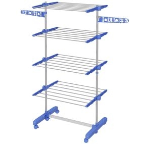 Tendedero vertical plegable de acero inoxidable azul con 6 ruedas y 2 laterales abatibles