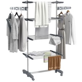 Tendedero vertical plegable de acero inoxidable con 6 ruedas, 2 laterales abatibles, gris y plata