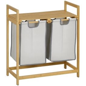 Cesto para ropa sucia de bambú con 2 bolsas extraíbles y estante 64x33x73 cm gris claro