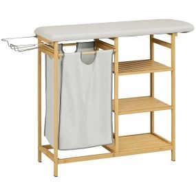Cesto de ropa sucia de bambú con tabla de planchar, 3 estantes y bolsa extraíble, natural