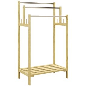 Toallero de pie de bambú con 3 barras de acero inoxidable, 4 ganchos, 50,5x31x90 cm, natural