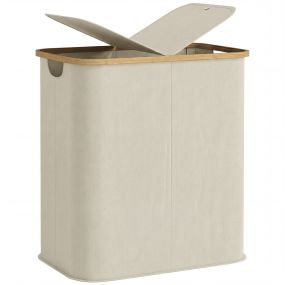 Cesto de ropa sucia con tapa 80L plegable de tela no tejida y bambú 2 compartimentos beige 54x34x58,5 cm