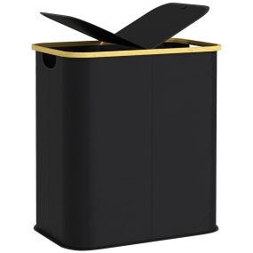 Cesto de ropa sucia con tapa 80L plegable de tela no tejida y bambú 2 compartimentos negro 54x34x58,5 cm