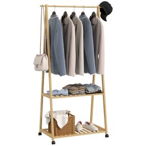 Burro para ropa de bambú con ruedas, 2 estantes y 2 ganchos, 84,5x43,5x158 cm natural
