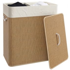 Cesto de ropa sucia con tapa 100L de bambú con 2 compartimentos y bolsa extraíble 52x32x63 cm marrón