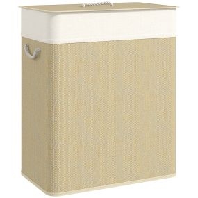 Cesto de ropa sucia de bambú con tapa 100L 2 compartimentos 52x32x63 cm natural