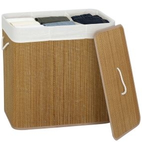 Cesto de Ropa Sucia con Tapa, 144L, Cesta Ropa Sucia de Bambú con 3 Compartimentos, Bolsa Interior Extraíble y Lavable, Asas, para Lavandería, Dormitorio, 60x40x60 cm, Marrón