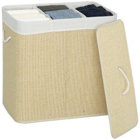Cesto de ropa sucia de bambú con tapa, 144L, 3 compartimentos, 60x40x60 cm, crema
