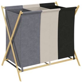 Cesto para ropa sucia plegable con 3 compartimentos 129L estructura en X de bambú 75x48x67 cm multicolor