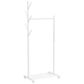 Burro de ropa con ruedas y 5 ganchos, barra para colgar y balda inferior, 68x43x171 cm, blanco