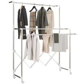 Tendedero vertical plegable de 3 niveles con 4 ruedas, acero inoxidable, plata