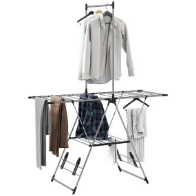 Tendedero vertical plegable con alas ajustables, 4 soportes para calzado, acero inoxidable, plata, 139x62,5x201 cm