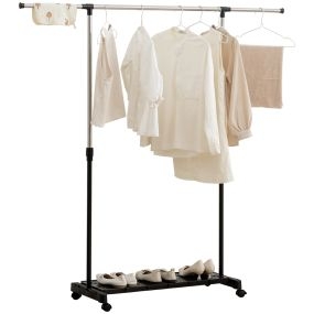 Tendedero extensible con ruedas, barra de acero inoxidable, estante para zapatos, negro y plata