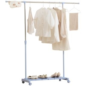 Tendedero extensible con ruedas de acero inoxidable y estante para zapatos, altura ajustable, azul y plata