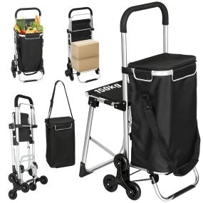 Carrito de compra plegable 3 en 1 de aluminio 40 L con asiento, bolsa térmica y 6 ruedas negro