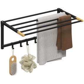 Toallero de baño de pared plegable con 5 barras y 6 ganchos, 60 cm, negro