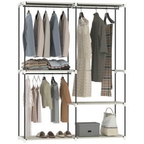 Armario abierto de tela y metal 142x43x185 cm crema con 4 estantes y 3 barras para colgar