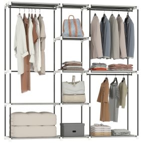 Armario abierto de ropa 182x43x185 cm con 8 estantes de tela y barras de metal gris claro