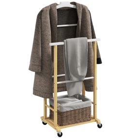 Galán de Noche de Bambú, Perchero con Ruedas, Colgadores de Ropa, Barras para Pantalones y Zapatero, Perchero Burro para Dormitorio, Pasillo, 47x33,7x105,5 cm, Natural y Blanco