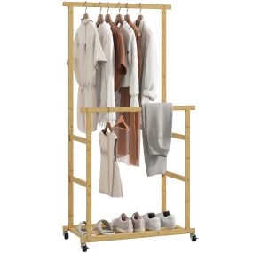Burro de ropa de bambú con ruedas y zapatero, 2 barras, 80x40x160 cm, natural
