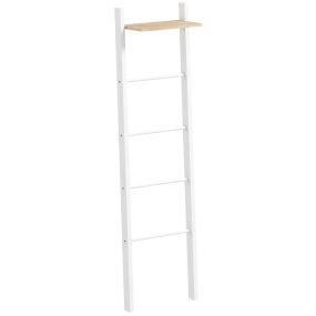 Toallero escalera con estante superior y 4 barras, blanco y roble, 43x20x151 cm