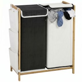 Cesto de Ropa Sucia con Tapa, 120L, Cesta de Ropa Sucia de Bambú con 2 Compartimentos, Bolsas Extraíbles y Lavables con Cordón, Bolsillos Laterales, para Lavandería, 63x33x78 cm, Blanco y Negro