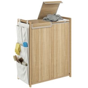 Cesto de Ropa Sucia con Tapa, 120L, Cesta Ropa Sucia de Bambú con 2 Compartimentos, Bolsas con Cordón Extraíbles y Lavables, Bolsillos Laterales, para Lavandería, 63x33x78 cm, Natural