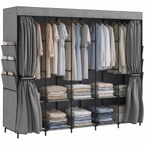 Armario de tela con 5 barras, 5 estantes, 6 bolsillos laterales, 212x45x167 cm, gris