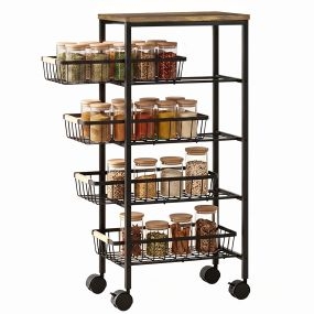 Carrito auxiliar con ruedas y 4 cestas extraíbles, 15 kg, 40x24x81,5 cm, marrón rústico